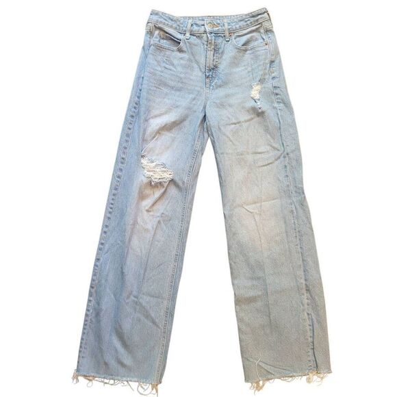 Old Navy Jeans Women's 2 Blue High Rise Sky Hi Wide Leg Distressed Raw Hem - Picture 1 of 4